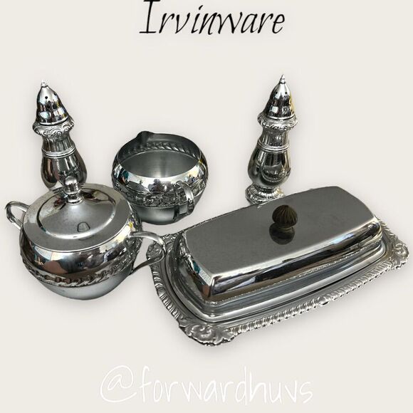Irvinware Silver Tone Butter Dish, Sugar & Creamer Dish and Salt & Pepper Shaker - Picture 4 of 13